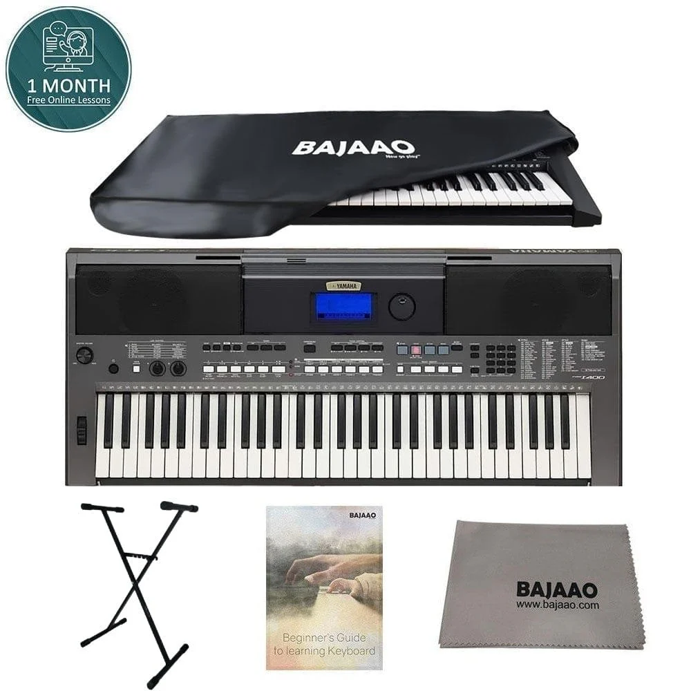 Yamaha PSR I400 61 Key Portable Keyboard Bundle with Polishing Cloth, Stand, Online Lessons & Ebook